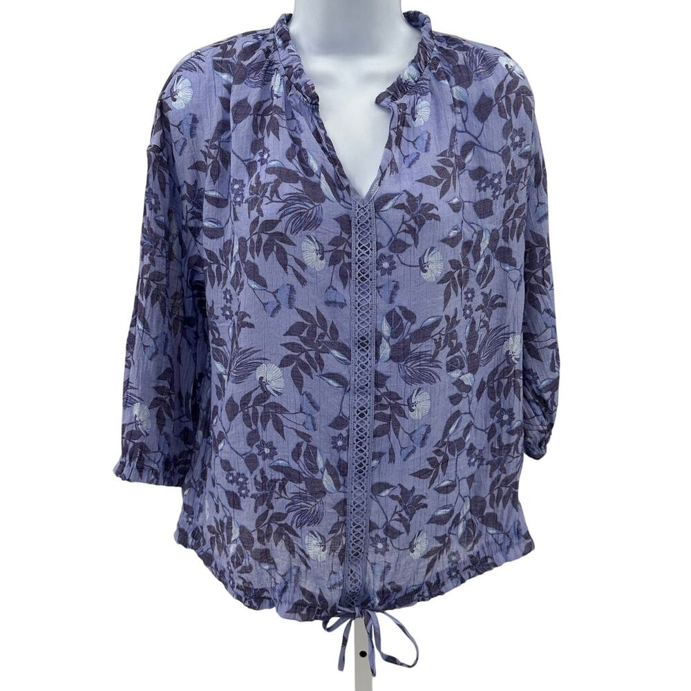 Como Blue Blouse Womens M Purple Floral 3/4 Sleeve Cinch Tie Waist Split V-Neck